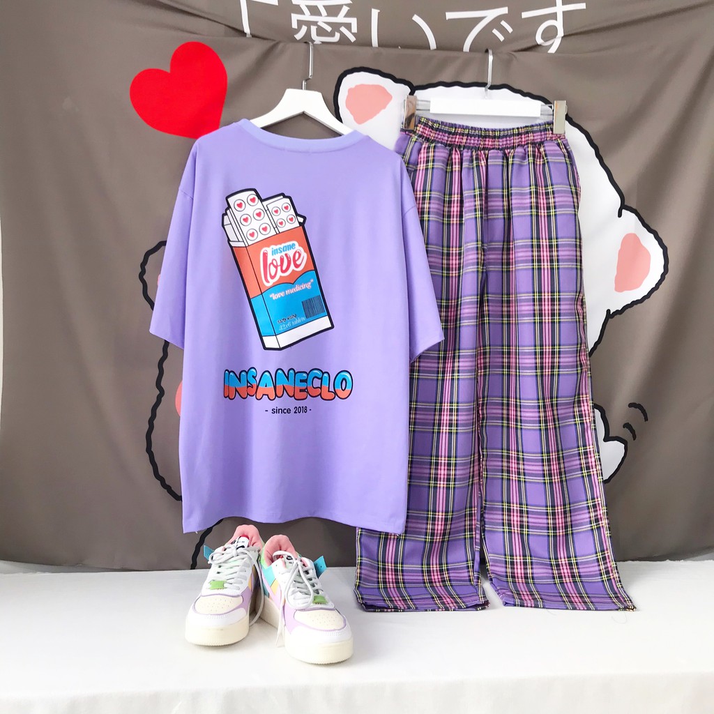 Combo bộ áo phông form rộng + quần caro form suông unisex