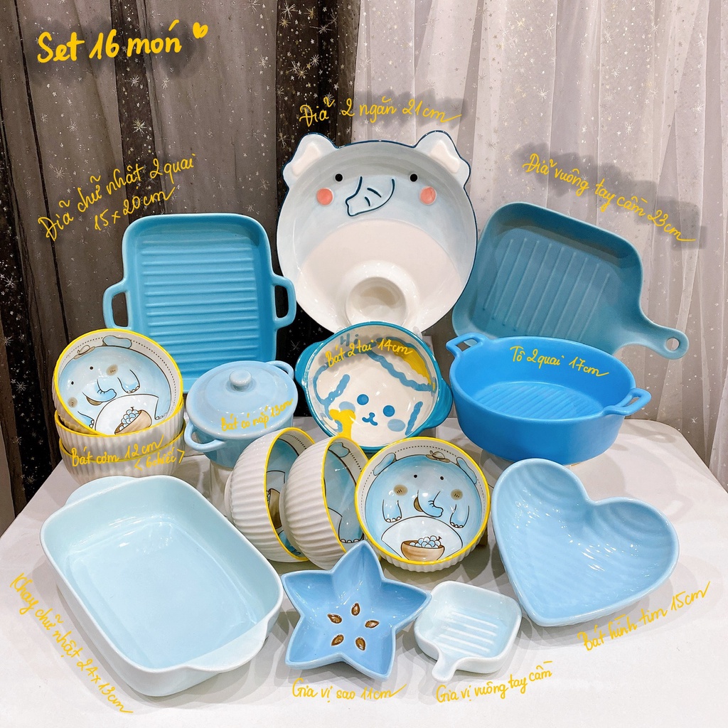 Bát Đĩa sứ, Bát ăn cơm, bộ chén dĩa dễ thương, đĩa sứ decor Bộ bát đĩa màu xanh da trời siêu xinh voi xinh