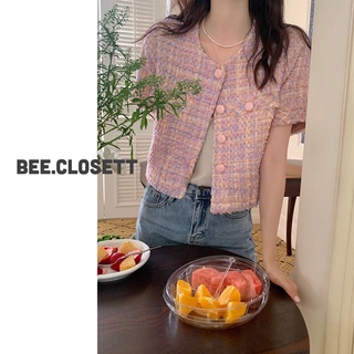 Áo dạ tweed mỏng ngắn tay màu hồng pastel