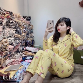 Đồ bộ pijama kate thái tay dài quần dài mặc nhà full viền