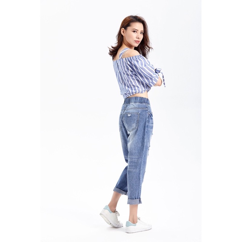 Quần jean baggy big size nữ lưng thun màu xanh nhạt size đại 75-115kg