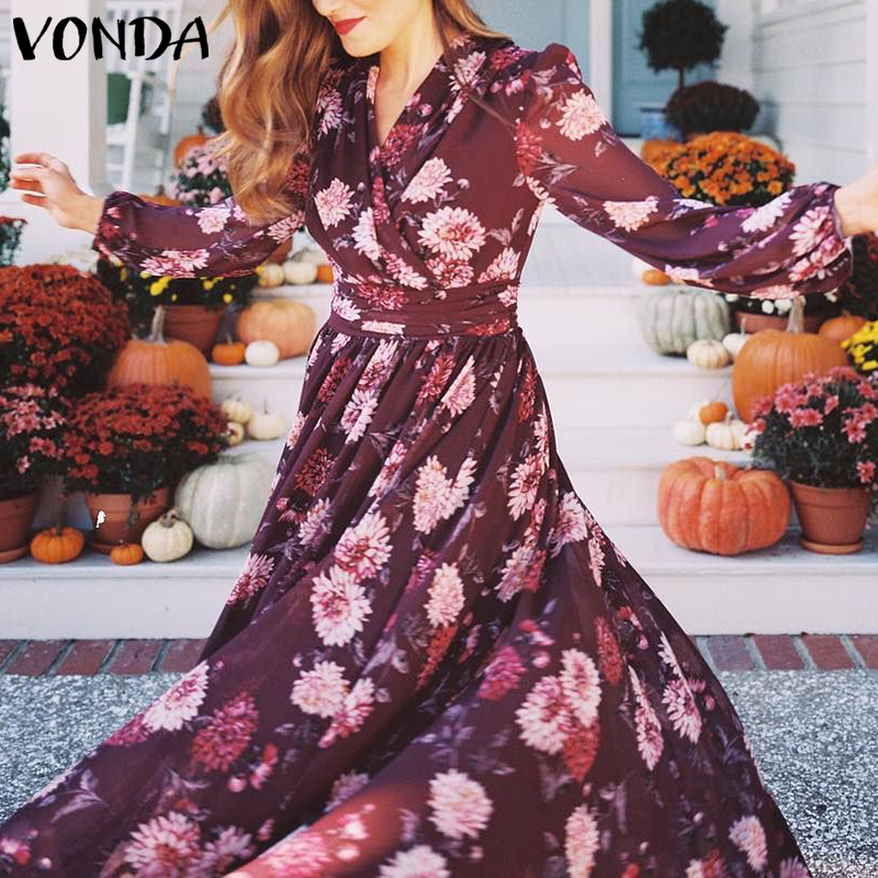 Đầm Nữ VONDA Dài Chữ A Rộng In Hoa Tay Dài Cổ V | BigBuy360 - bigbuy360.vn