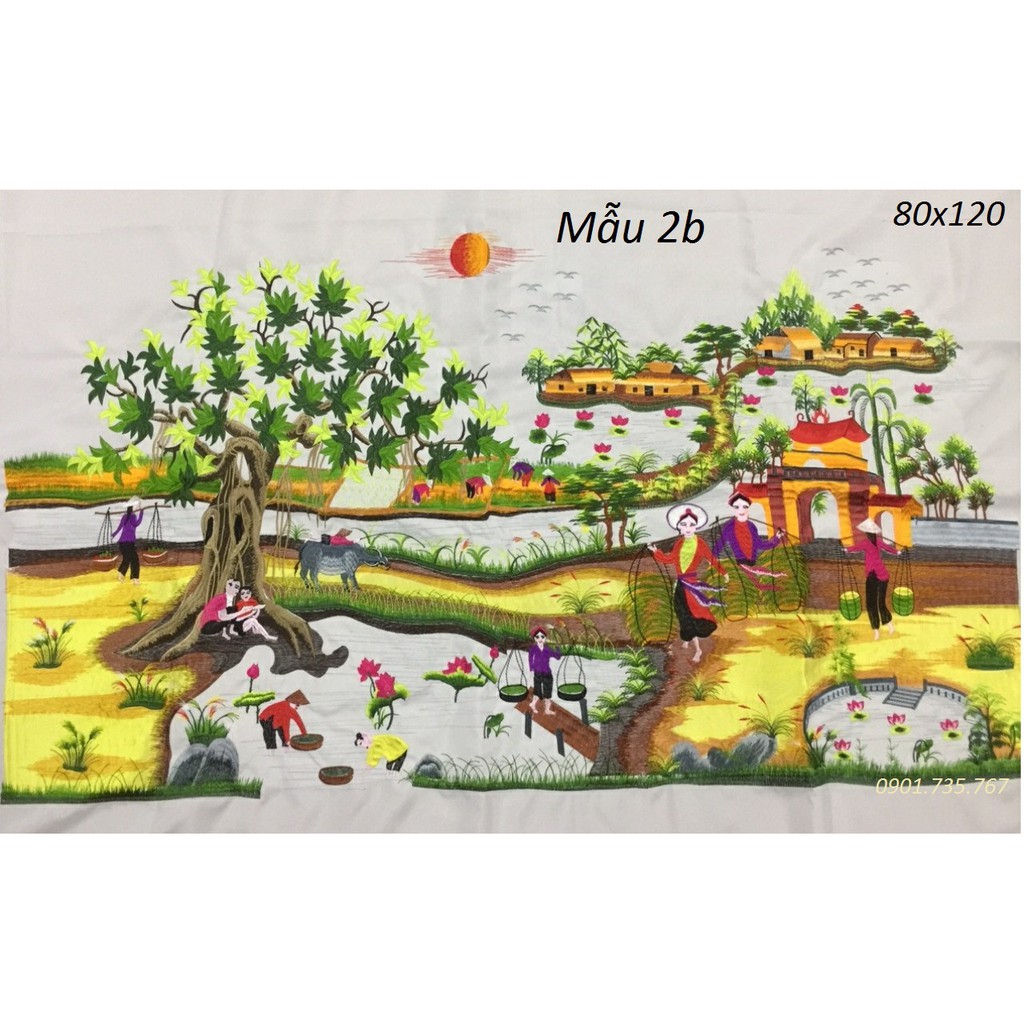 Tranh thêu Phong cảnh Làng Quê thêu vi tính thành phẩm 80x120cm