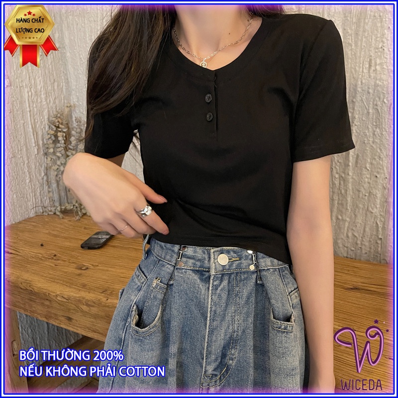 Áo croptop cổ v tay ngắn đẹp,áo thun cộc tay xinh chất 100% cotton cúc thật 4 màu đen trắng hồng ghi Wiceda AV301