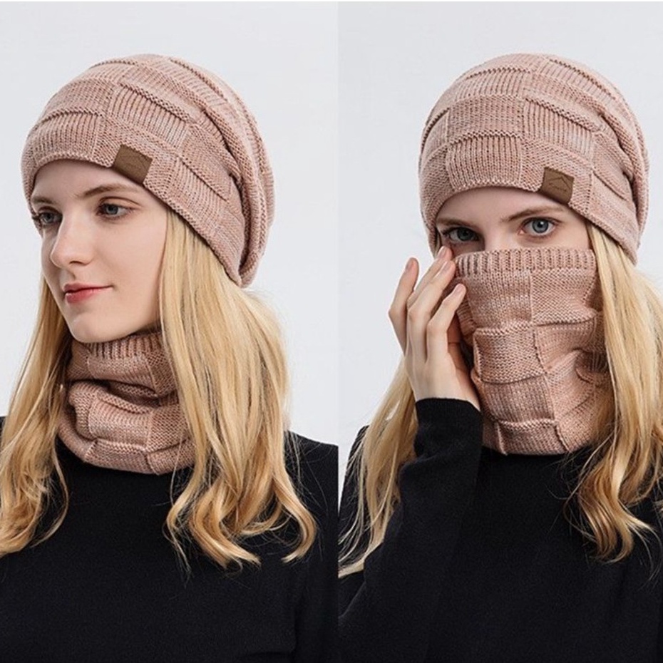 Mũ len kèm khăn quàng cổ nam nữ NANA nón len trùm đầu nam nữ cao cấp mùa đông unisex