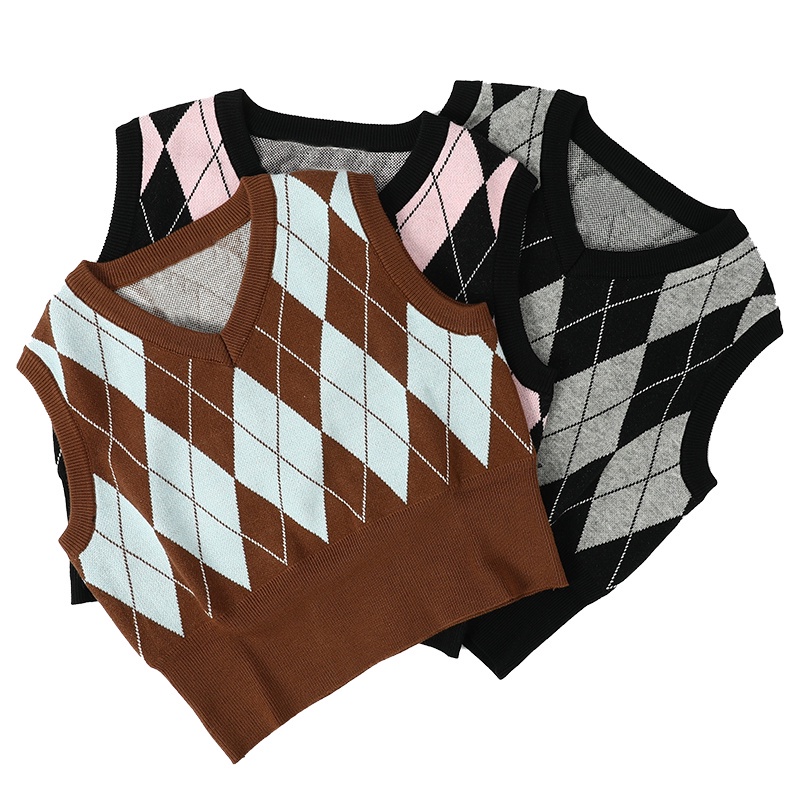 QKOOLE  Áo dệt kim không tay cổ chữ V màu sắc tương phản phong cách retro cho nữ