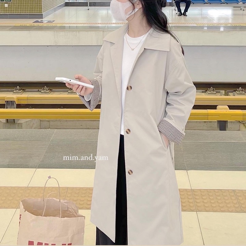 Áo Trenchcoat phối tay kẻ