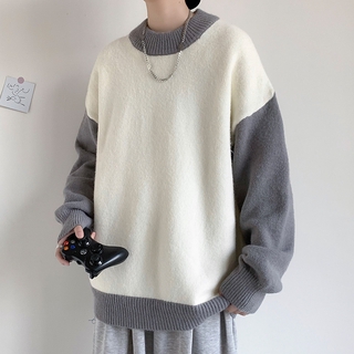 Loose couple dress Korean version sweater men's jacket outside the top trend colored round-neck knit sweater autumn and winter thickened