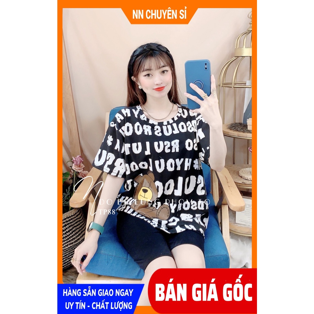 Đồ bộ thun lửng phom to cho nữ mặc nhà chất vải mềm mát in chữ in gấu hoạt hình dễ thương TP88