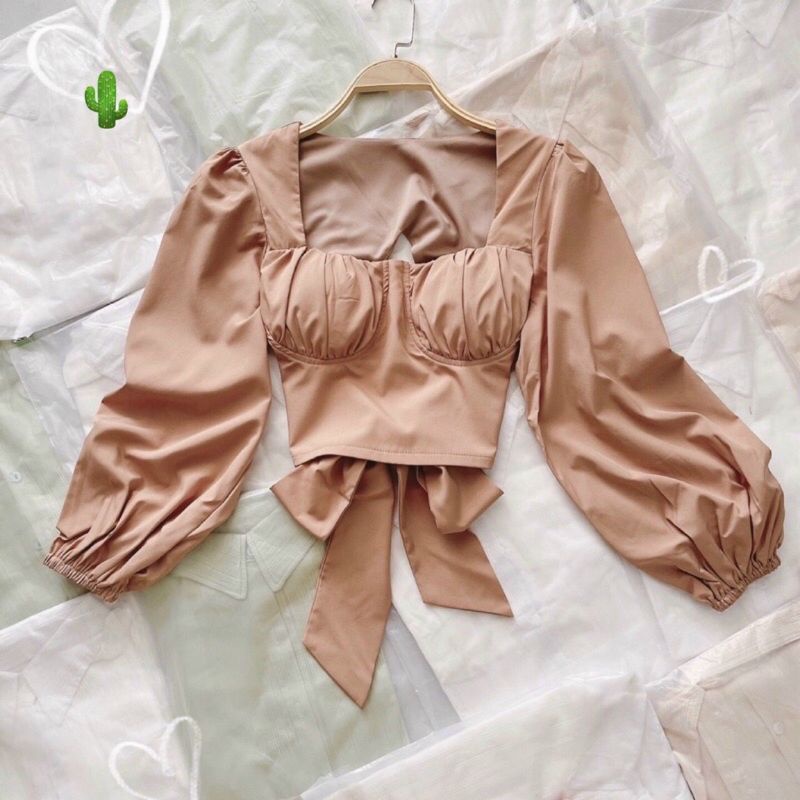 Áo kiểu cổ U tay phồng nơ lưng sau( Có mod ngực) siêu đẹp cao cấp