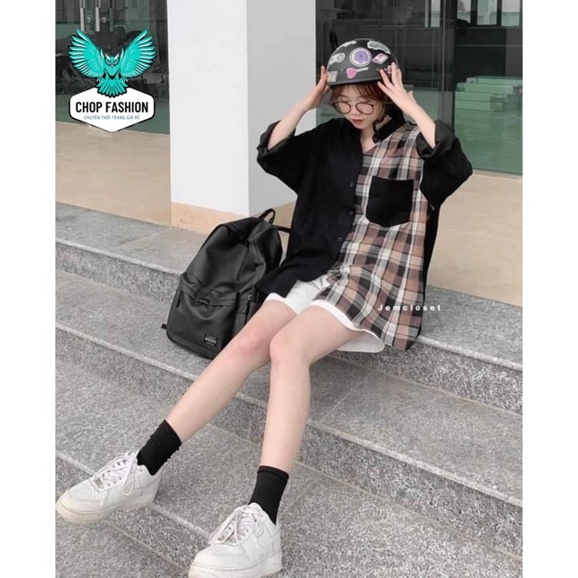 Áo sơ mi nữ phối kẻ nâu caro form rộng dài tay đẹp, thun kiểu oversize phong cách retro hssv cá tính hàn quốc ulzzang