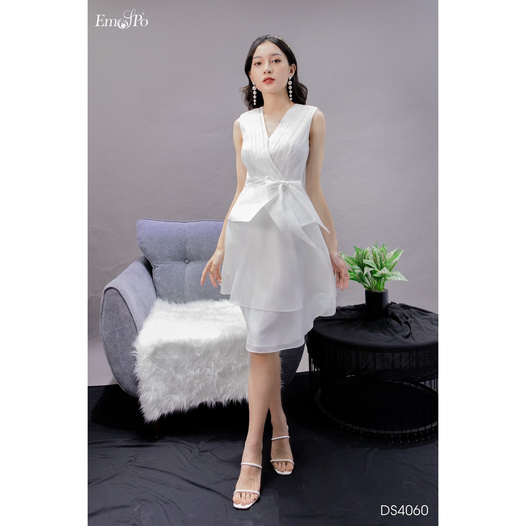 [Mã BMLT200 giảm đến 200K đơn 499K] Đầm xòe xếp tầng, sát nách, đai eo rời Emspo DS4060