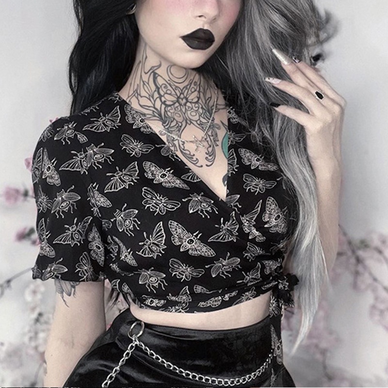 Áo Croptop Tay Ngắn Phồng Cổ Chữ V Buộc Dây In Họa Tiết Bướm Phong Cách Gothic Thời Trang Cho Nữ