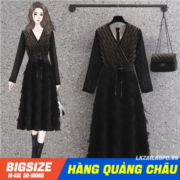 BIGSIZE nữ 45-100kg Đầm dài qua gối lưng cao phối lông vũ xinh xắn thời trang