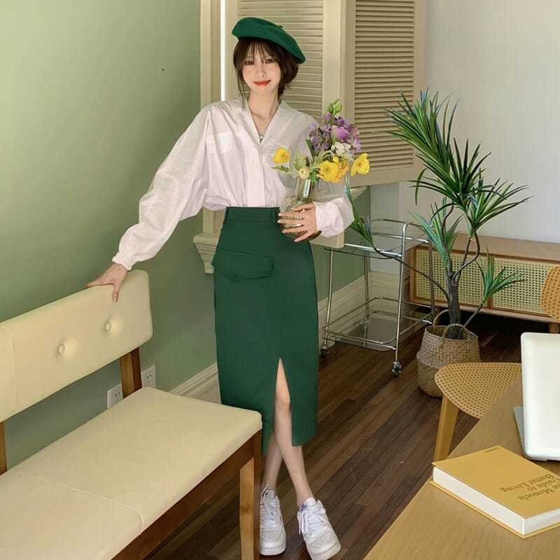 Set áo sơ mi tay dài cổ chữ V + chân váy thiết kế mới phong cách Retro Hàn Quốc