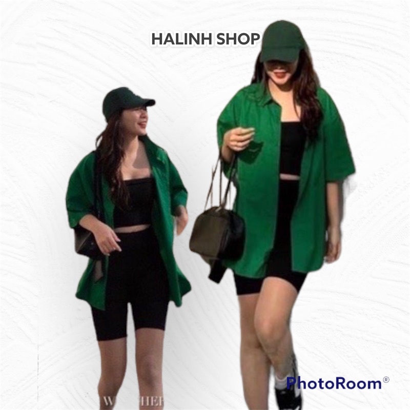 Set Bộ 3 Món Xanh Lá - Halinh Shop - Set Áo Sơ Mi , Áo 2 dây , Quần Legging đủ size S M