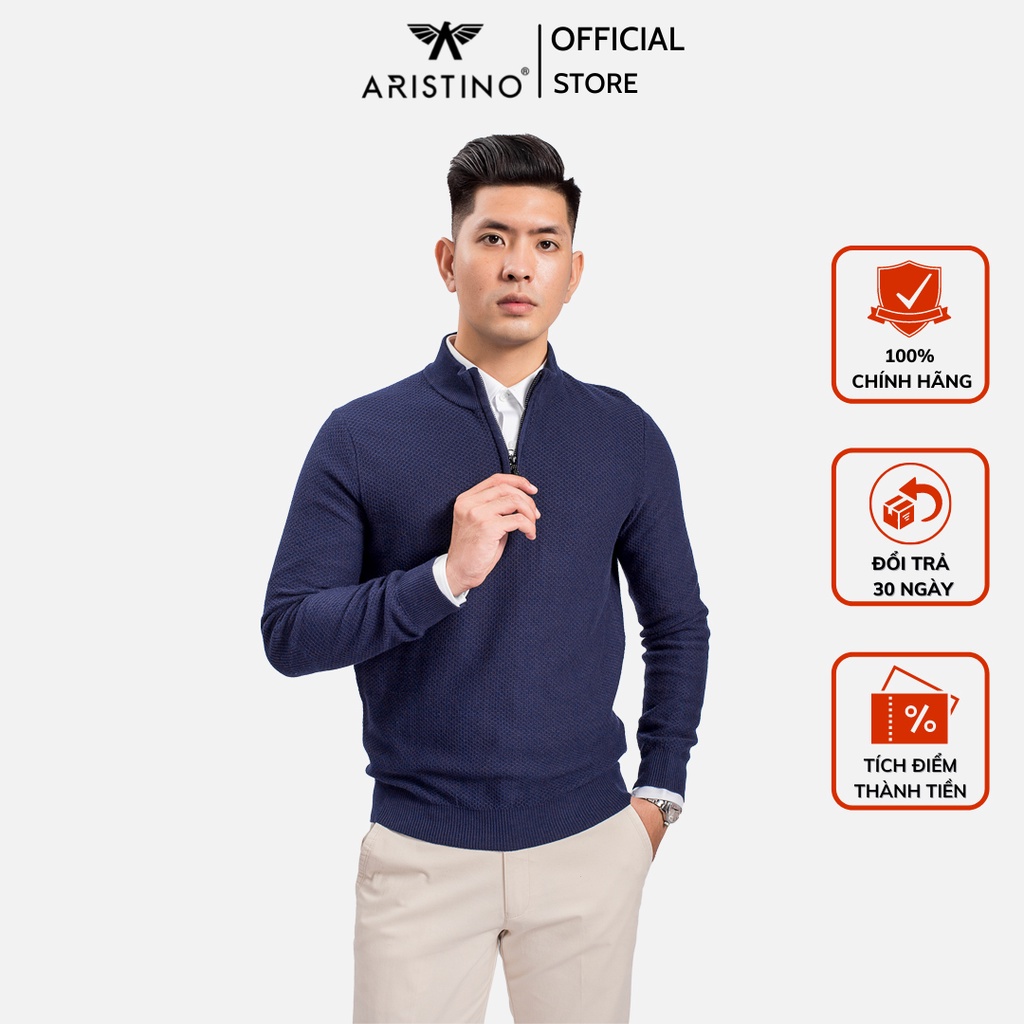 Áo len nam ARISTINO cổ cao có khóa kéo kết hợp hiệu ứng dệt bo rib ở cổ tay, gấu áo AWO007W8