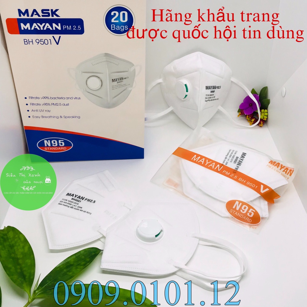 Khẩu trang n95 có van thở đệm mũi (10 cái), Kn95 chính hãng Mayan pm2.5 BH9501v lớp lọc kháng khuẩn than hoạt tính