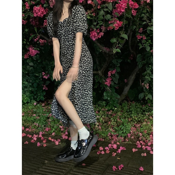 Đầm Cổ Vuông Màu Đen Xẻ Tà Chiết Eo Cao In Họa Tiết Hoa Phong Cách Pháp Thời Trang Mùa Hè Cho Nữ