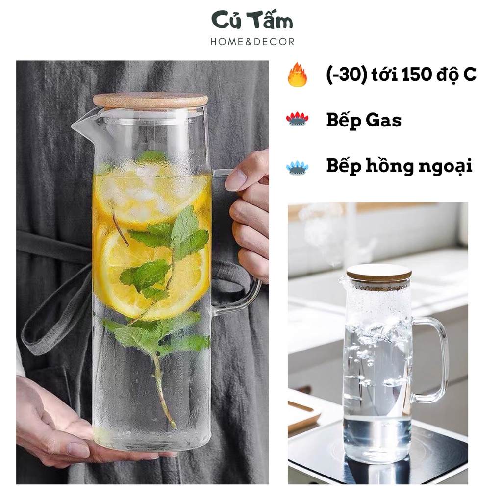 Bộ Bình nước thủy tinh nắp gỗ chịu nhiệt cao cấp - cutam.homedecor | BigBuy360 - bigbuy360.vn