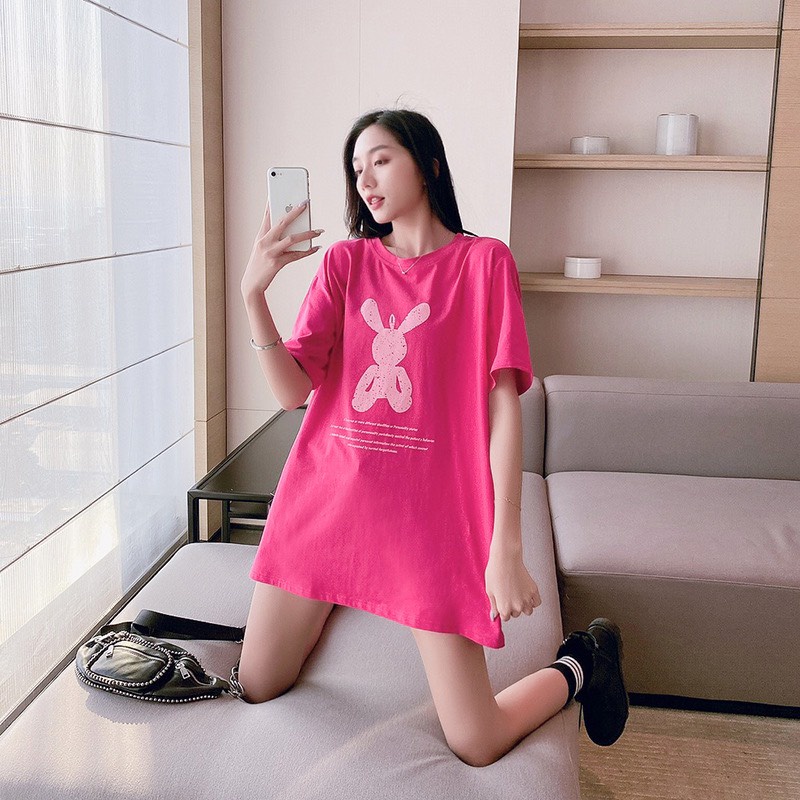 Áo thun thỏ hồng form rộng tay lỡ, áo phông in hình siêu cute