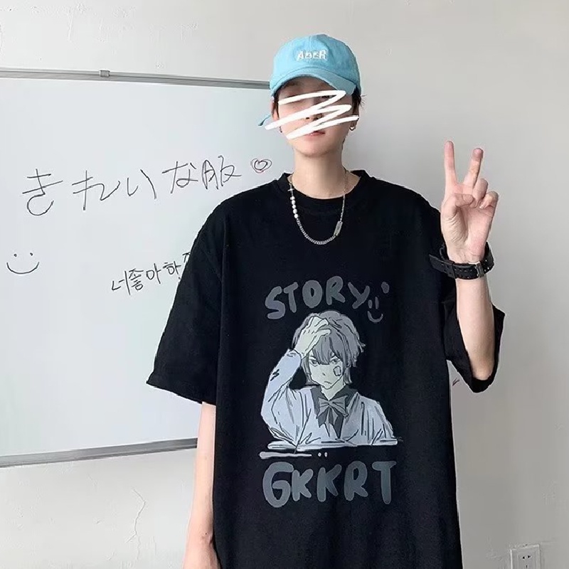 Áo Thun Tay Ngắn Dáng Rộng In Họa Tiết Hoạt Hình Phong Cách Hip Hop Nhật Bản Thời Trang Cho Nam Và Nữ size M-8XL