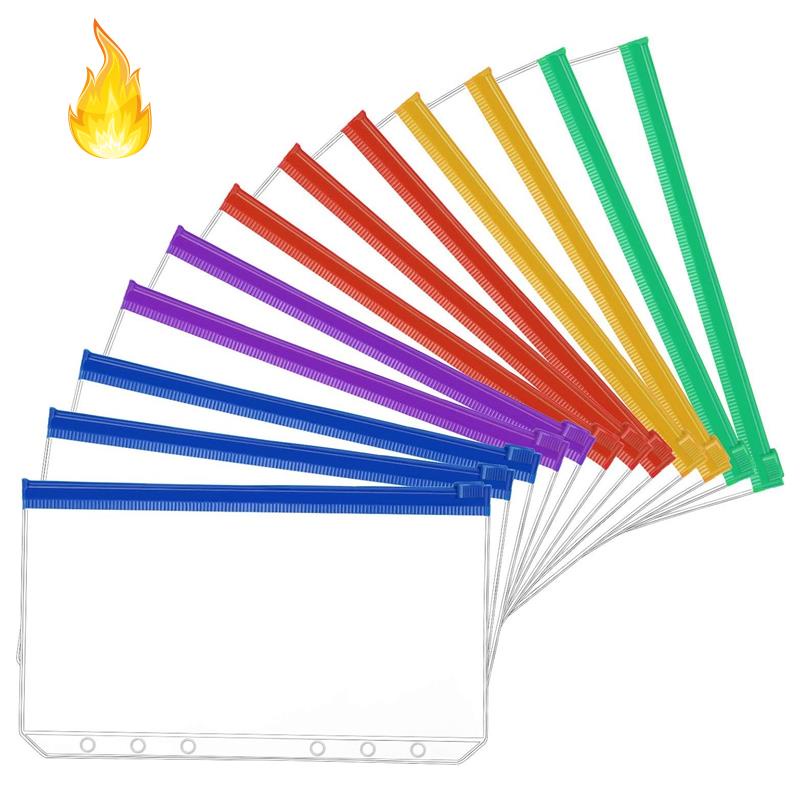 Bìa A6 đóng gáy 6 còng và 12 túi đựng bằng nhựa đầy màu sắc có dây kéo cầm tay