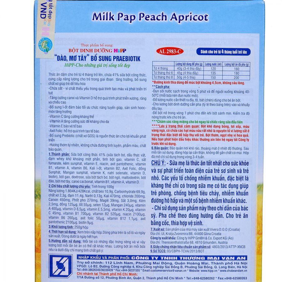 Bột ăn dặm HiPP 250g dinh dưỡng sữa đào, mơ tây