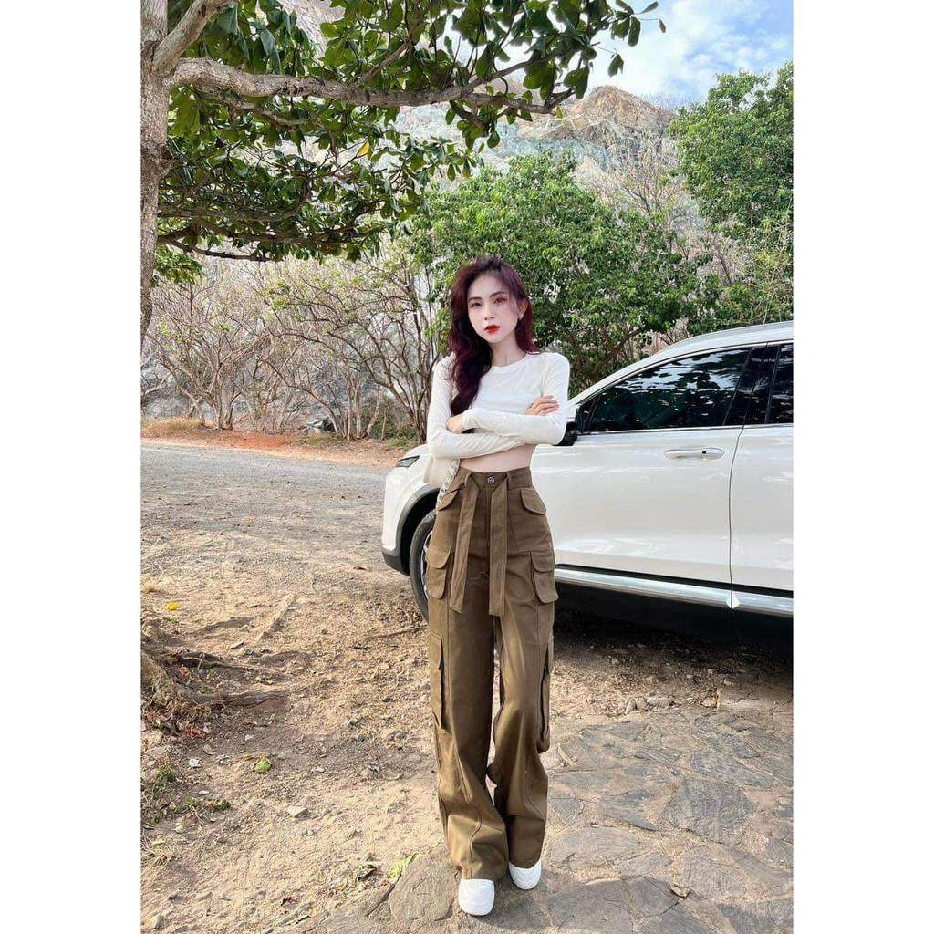 Set đồ nữ cá tính 2 món quần dài ống rộng lưng cao có khuy gài kèm áo croptop thun dài tay ôm body cực xinh