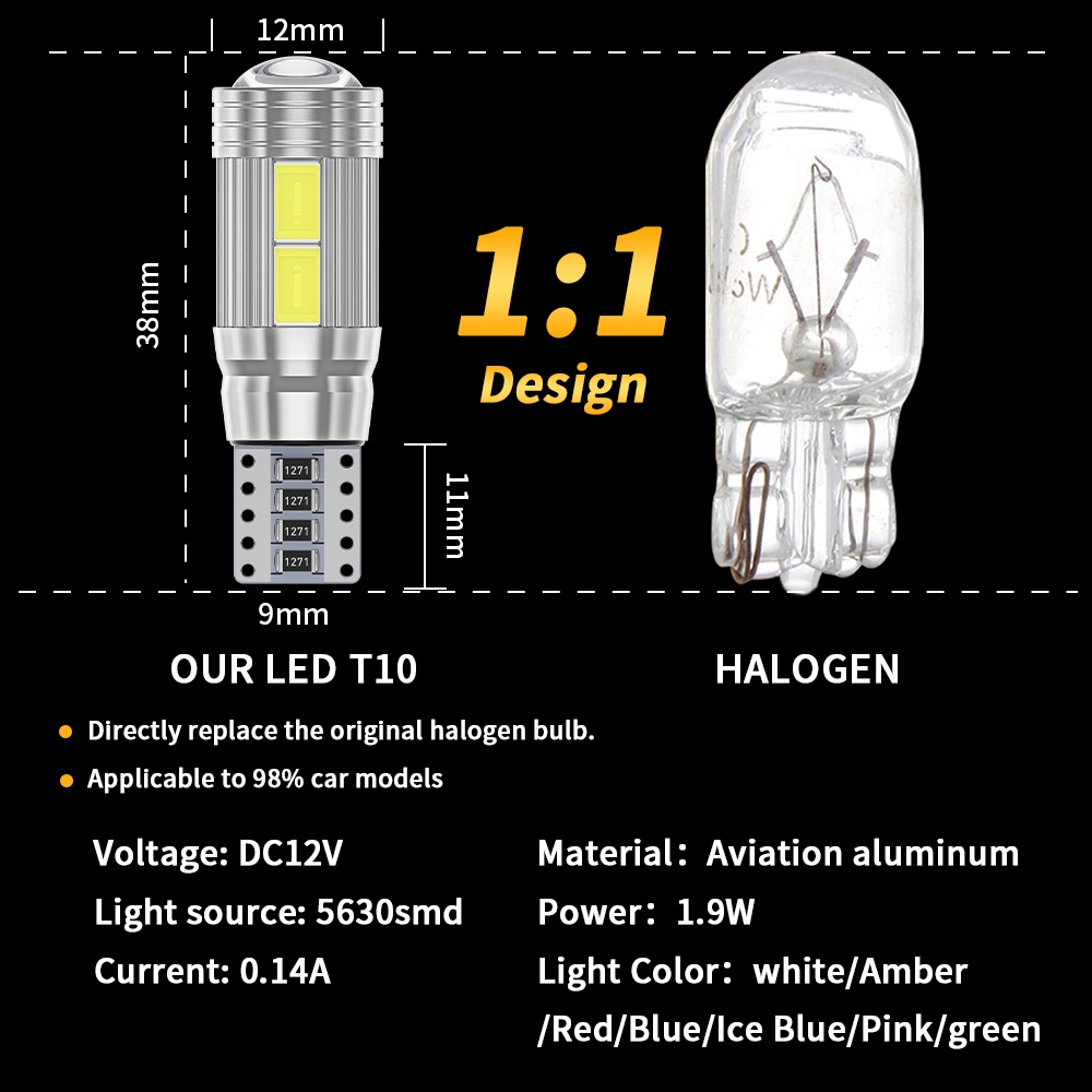 Set 2 Đèn LED T10 5630 10SMD Ánh Sáng Trắng Cho Xe Ô Tô