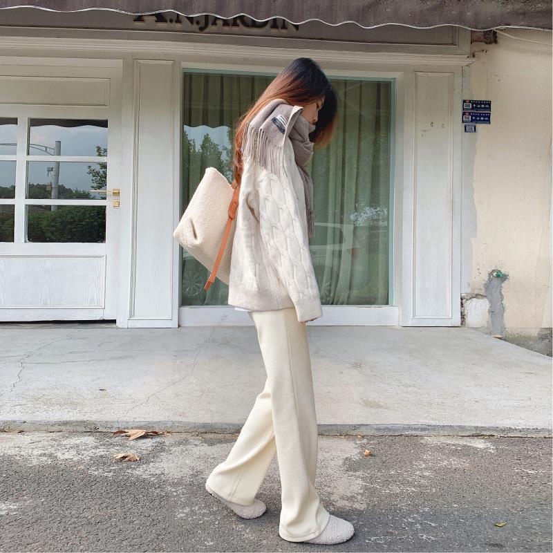 Quần dài vải nhung ống rộng lưng cao thời trang thu đông cho nữ