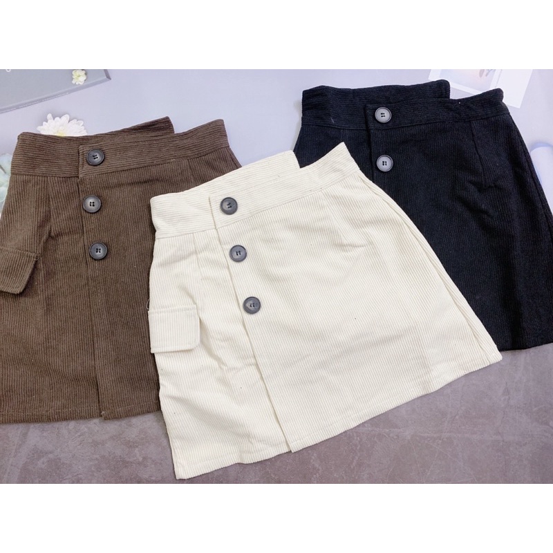 [ Ảnh thật / video ] Chân váy chữ A nhung tăm 3 khuy