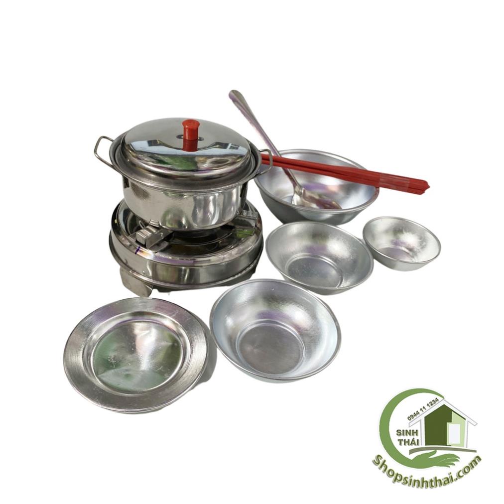 Túi đồ chơi nấu ăn, bếp núc, balo 10 món nồi niêu xoong chảo bằng inox chơi trò nấu nướng