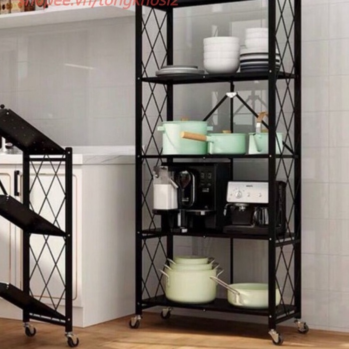 Kệ sắt để đồ đa năng phòng khách có thể gấp gọn có bánh xe, kệ gia dụng nhà bếp giá xếp lò vi sóng thông minh