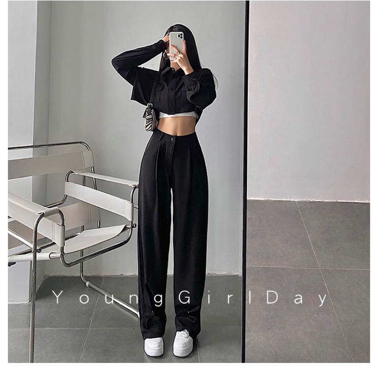Set áo khoác somi sơmi sơ mi croptop tay dài quần âu cạp cao ống dài rộng phủ giày bấm khuy