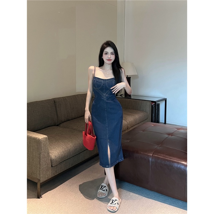Đầm denim Hai Dây Màu Xanh Dương Phong Cách retro Quyến Rũ Thời Trang Mùa Hè