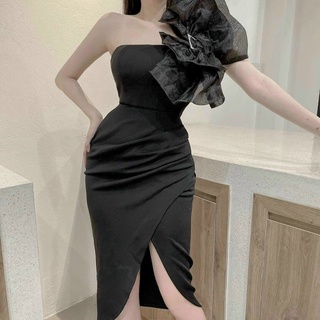 Đầm body lệch vai nơ voan có mút ngực