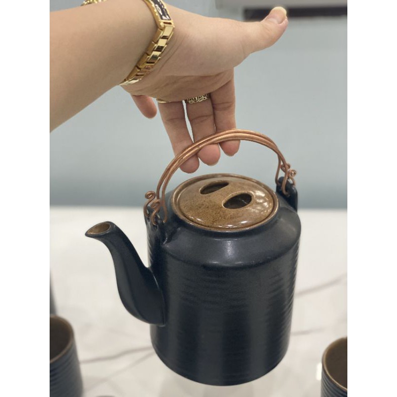 Bộ ấm tích gốm Bát tràng men nâu gốm vintage pha trà xanh loại 1 cao cấp - Dung tích 1l và 1,5l - Giá nhà sản xuất