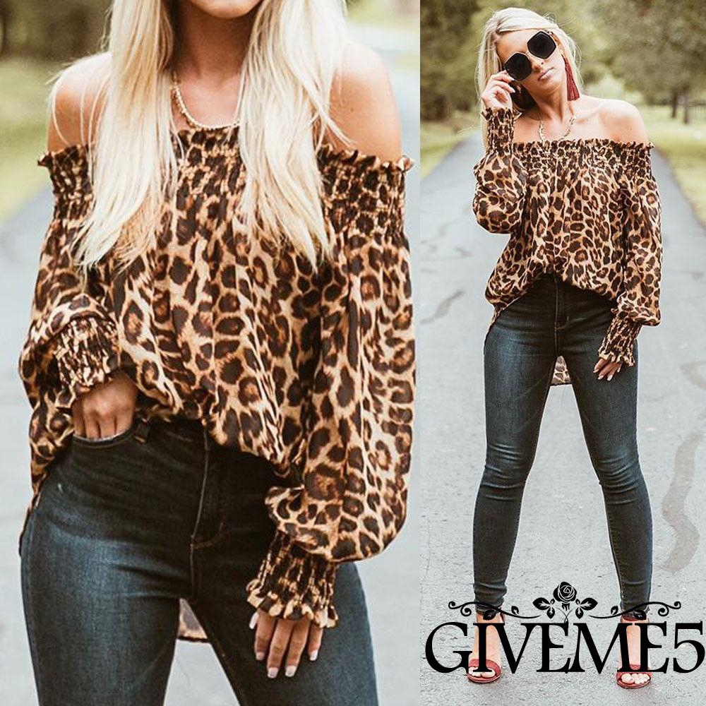 Áo kiểu trễ vai tay dài họa tiết da báo thời trang cho nữ