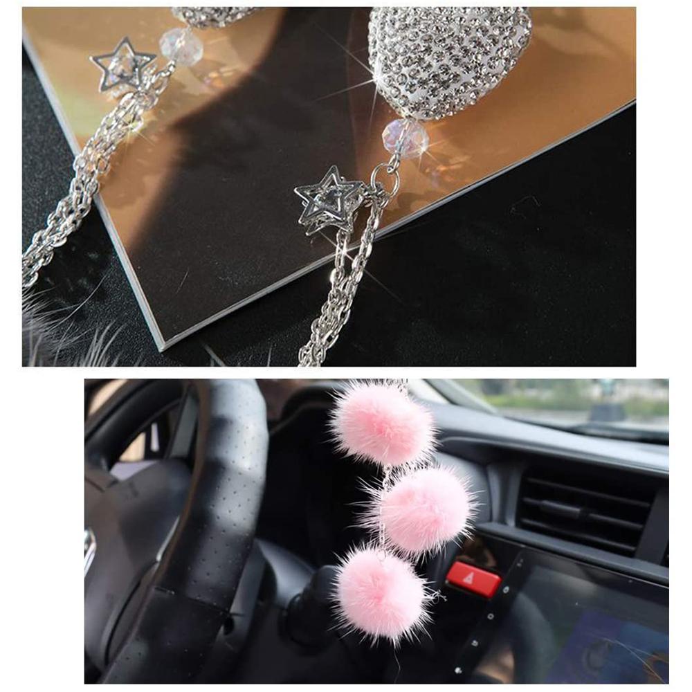 REBUY1 Phụ Kiện Treo Trang Trí Kính Chiếu Hậu Xe Hơi Đính Banh Lông Màu Hồng Lấp Lánh