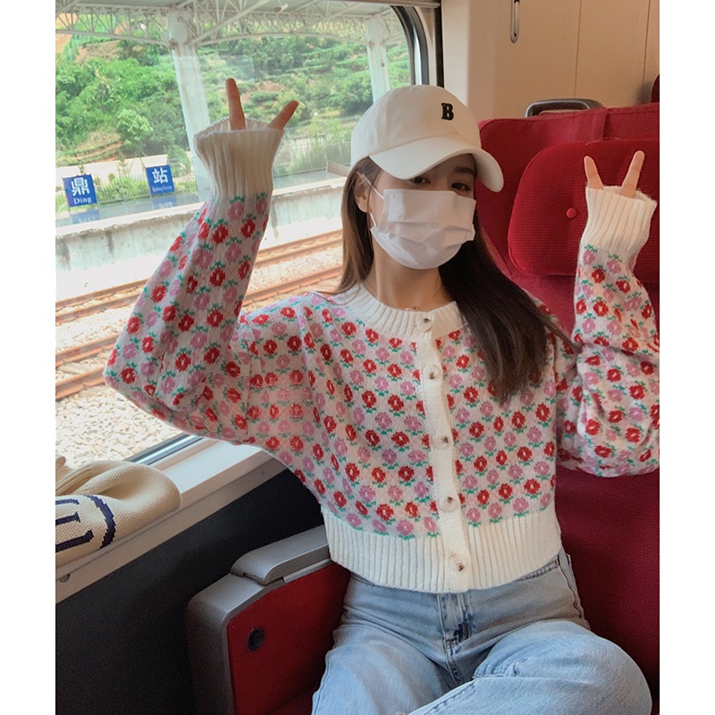 SUXI Áo Khoác Cardigan Cổ Tròn Tay Dài In Họa Tiết Hoa Thời Trang Mùa Thu Mới Cho Nữ