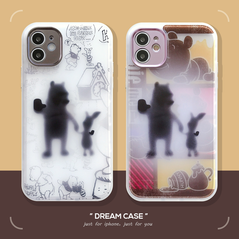 Cute Pooh Bear's Back View Metal Plating Square IPhone Case Iphone 11 Pro 11Pro MAX 8 7 Plus X XS Max XR 12 Artistic Graceful Bird Anti-Drop Casing Matte Soft Silicone Cover