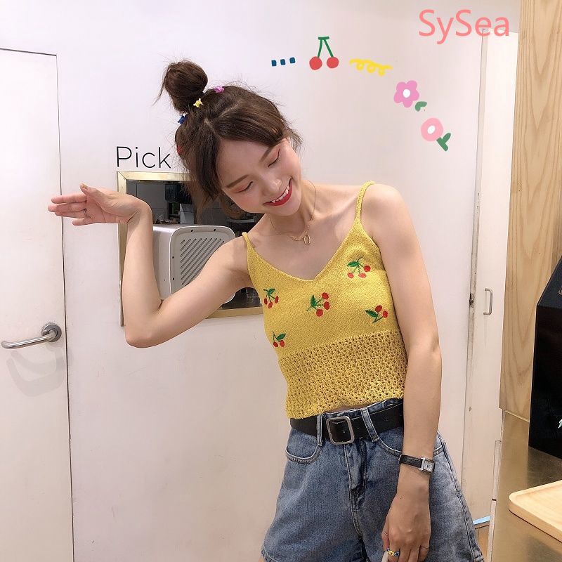 Áo Hai Dây Cổ Chữ V Thêu Hình Trái Cherry Xinh Xắn Cho Nữ