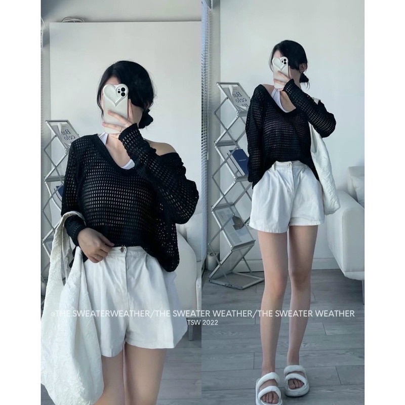 Áo len lưới mix cổ yếm giả set, len fom rộng over size cá tính