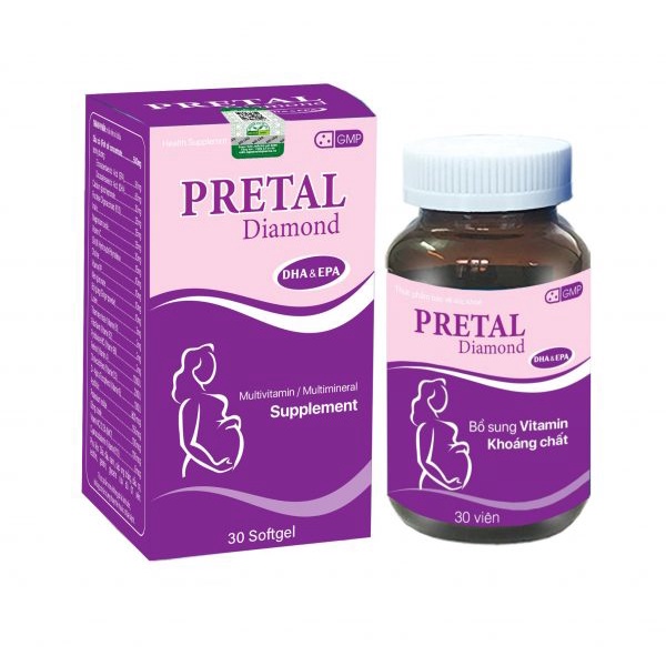 Viên uống tổng hợp bà bầu PRETAL DIAMOND, Prenatal Multi, DHA, chuẩn GMP, Hộp 30 viên.