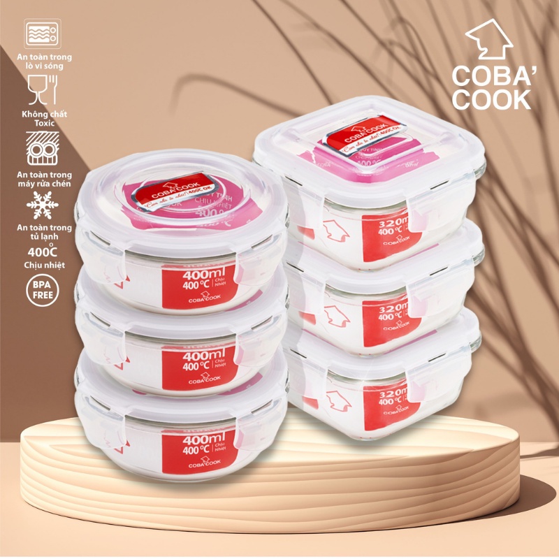 Bộ 6 Hộp Thủy Tinh COBA'COOK Đựng Thực Phẩm Chịu Nhiệt: 3 Hộp Hình Tròn 400ml Và 3 Hình Vuông 320 ml- CCR4S36