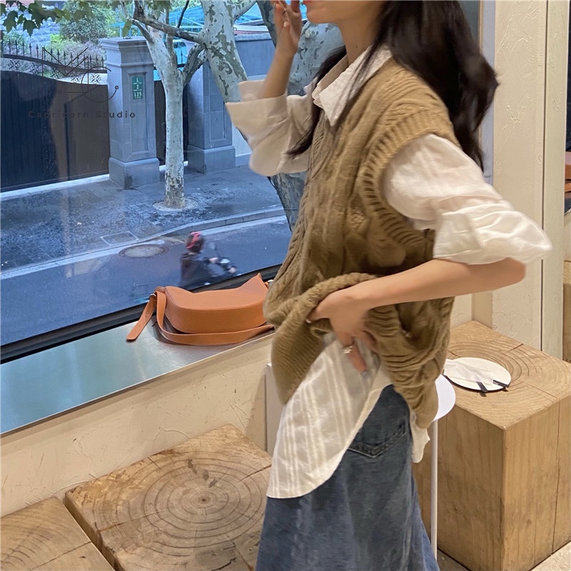 Áo gile len vặn thừng màu nâu tây phong cách retro thanh lịch cho mùa thu