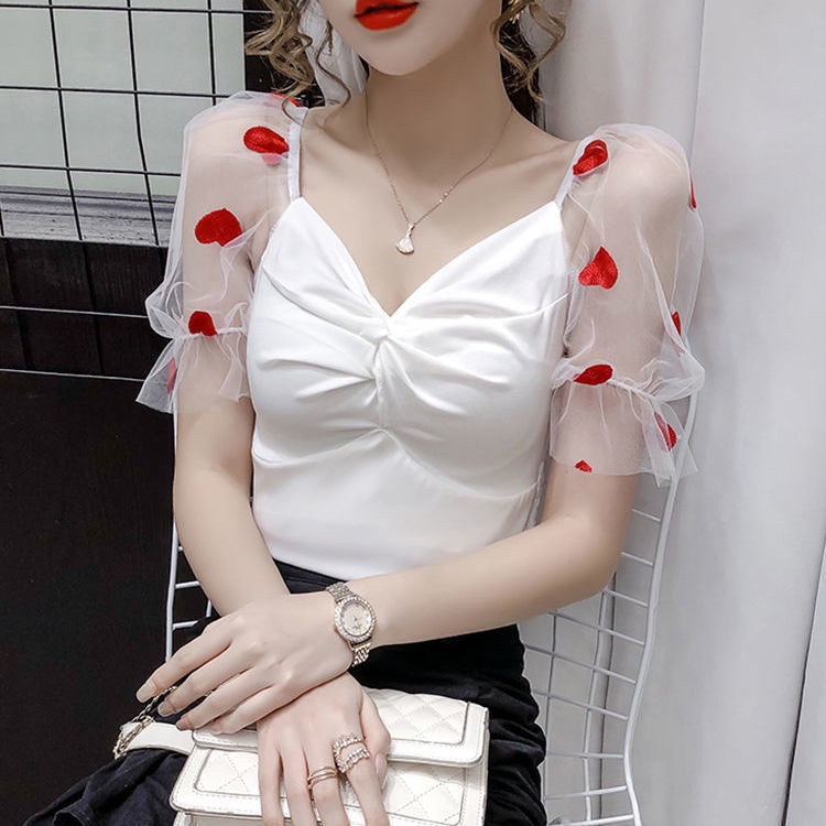 Áo Kiểu Cổ Chữ V Phối Lưới Thời Trang Mùa Hè Cho Nữ