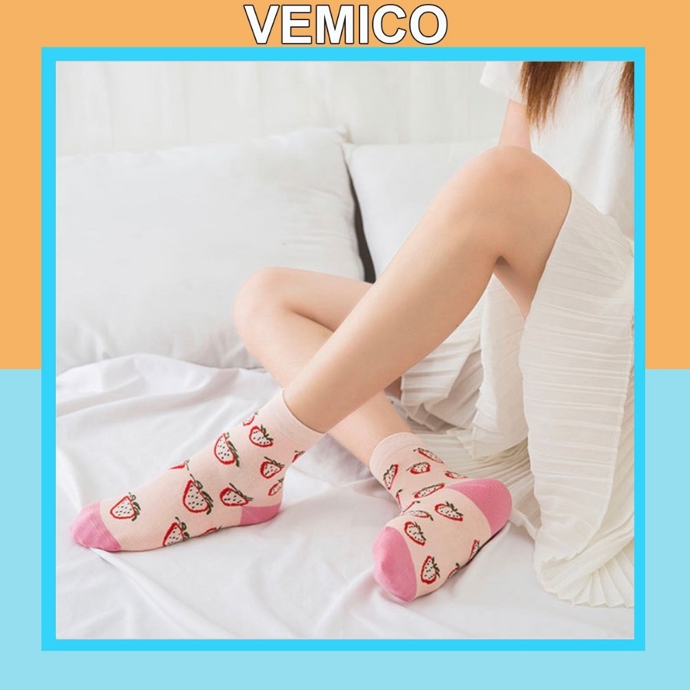 Tất nữ dâu tây hồng Vemico cổ cao cotton mềm mịn cực xịn TN109