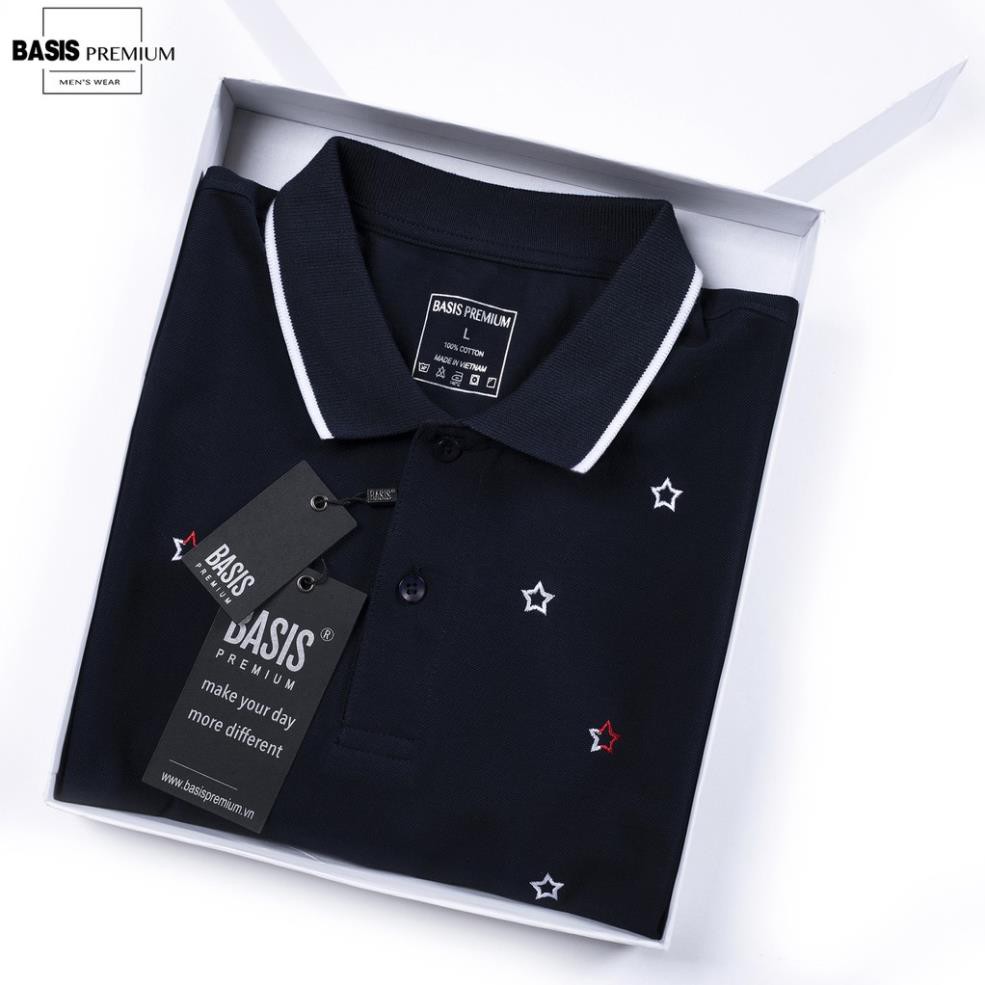 Áo thun polo nam 100% cotton cá sấu, thêu họa tiết ngôi sao và viền cổ cổ cấp, Basis APL194 đẹp ⭐